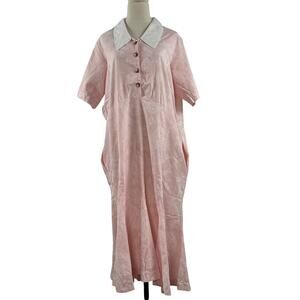 Vintage 80s Handmade Pink Floral White Collar A-Line Midi Dress XL